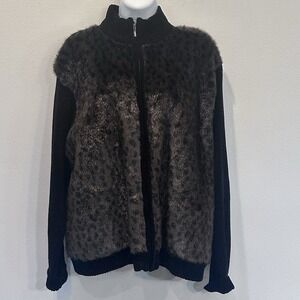 Victoria Harbour‎ Zip Up Knit Fur Animal Print Jacket Zip Up Sweater Size XL